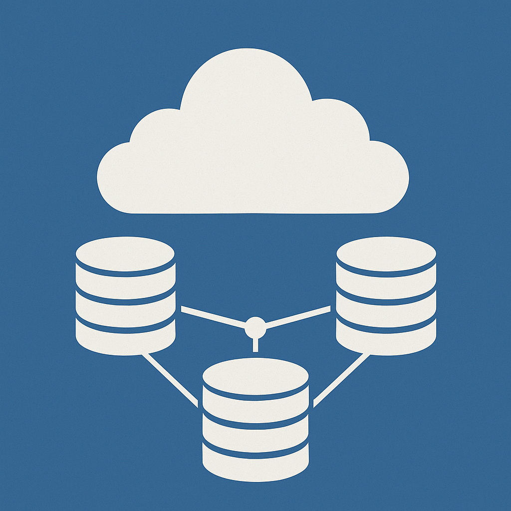 Minimalist illustration representing a cloud-based database cluster, featuring three interconnected database icons inside a white cloud on a blue background.