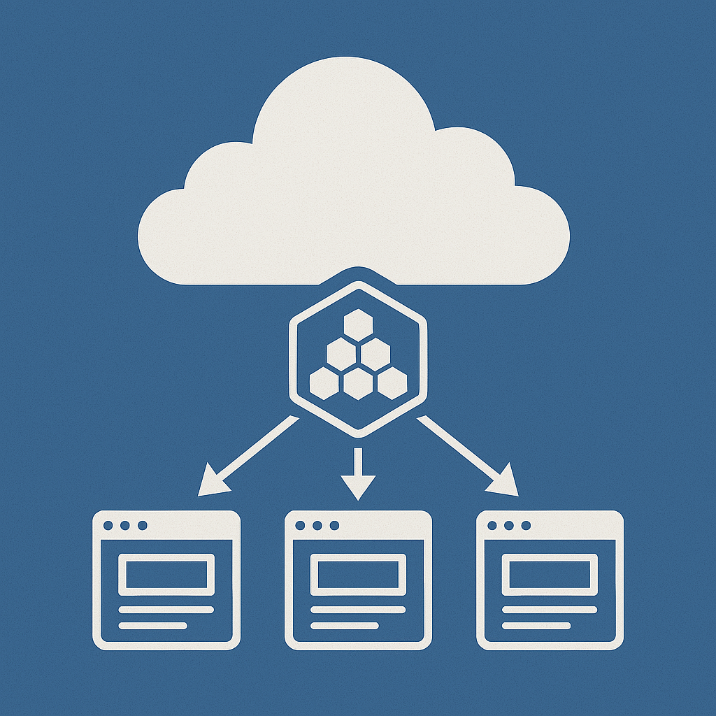 Stylized illustration of an HAProxy load balancer in the cloud, distributing traffic to three web servers with white arrows, symbolizing high availability.