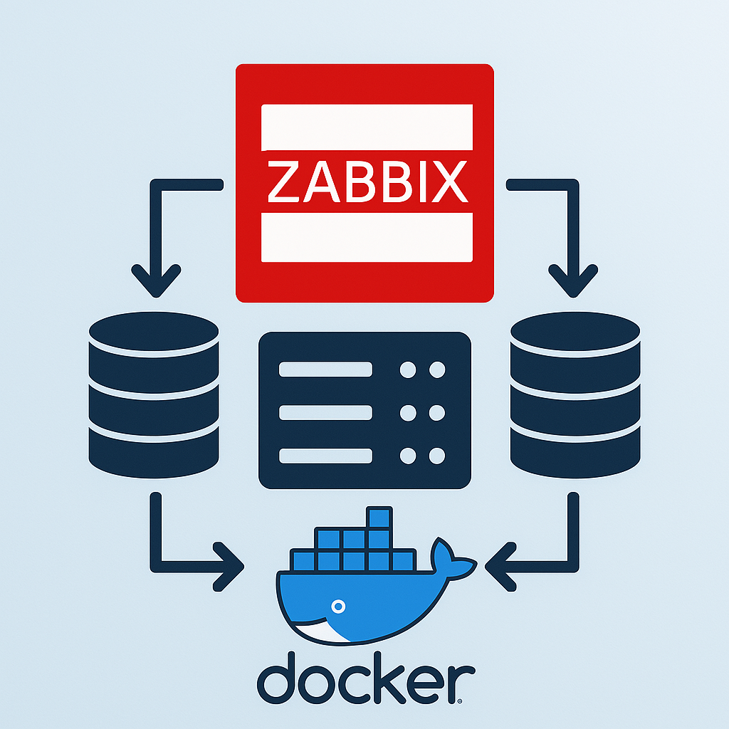Diagram showing Zabbix Server connected to databases and Docker container in a monitoring setup.