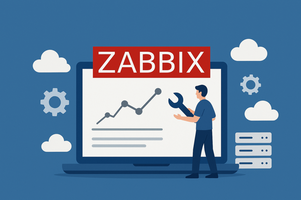 Flat-style digital illustration depicting a Zabbix monitoring setup, with a person interacting with a laptop displaying graphs and the Zabbix logo, surrounded by cloud, server, and gear icons on a blue background.