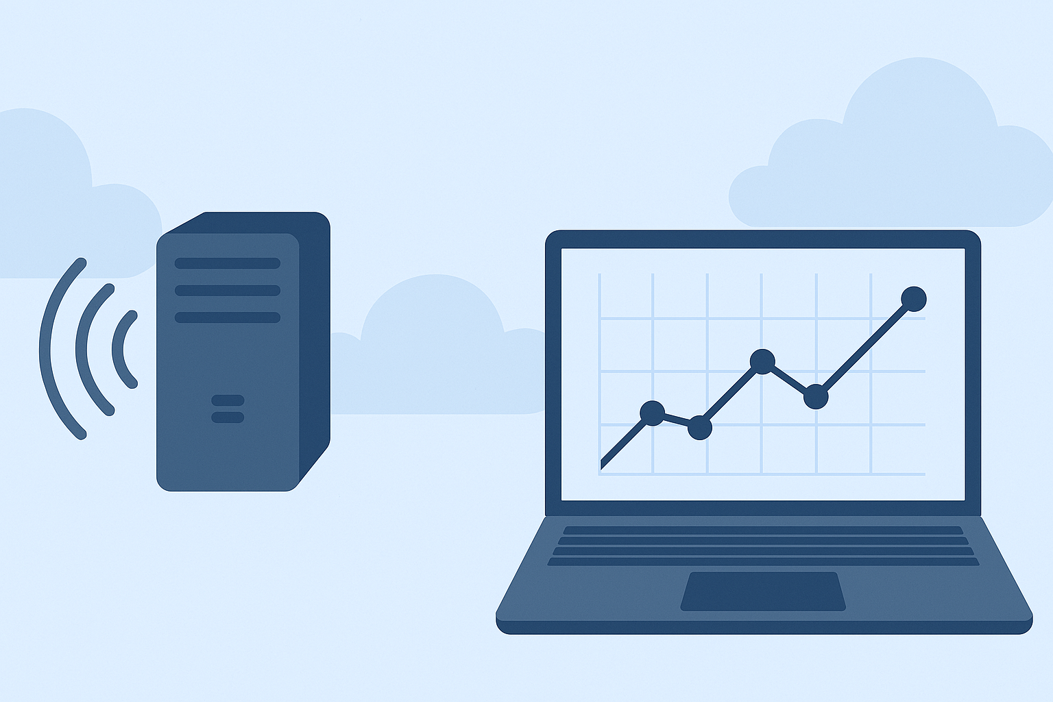 Flat-style illustration of a server wirelessly sending monitoring data to a laptop displaying a line graph, representing the concept of Zabbix custom data flow without any text.